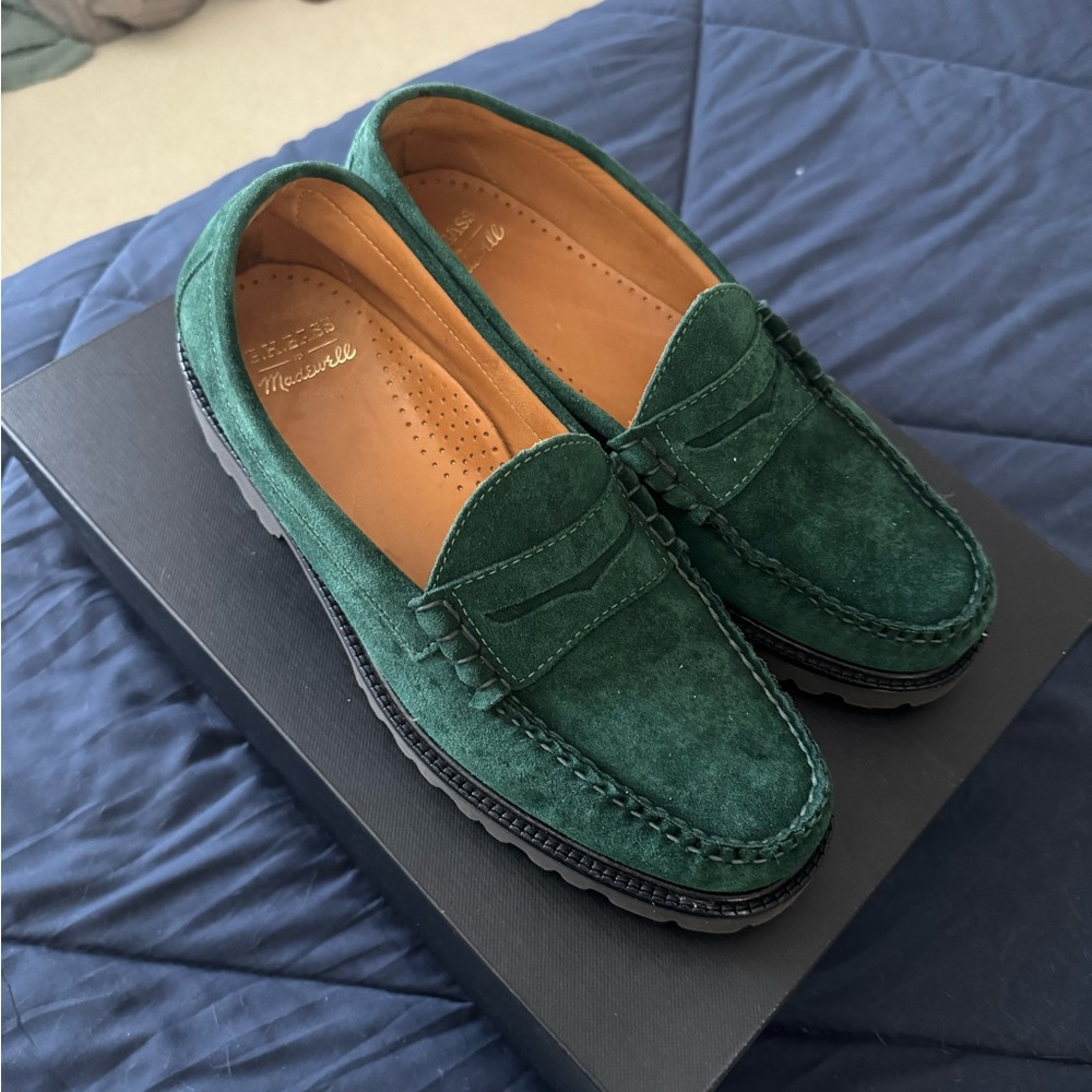 GH Bass Green Suede Loafers. Got them from Madewell.